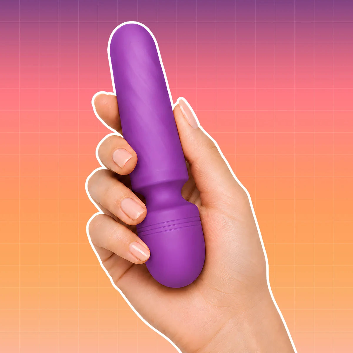 A hand holding a purple silicone personal massager against a pink and orange gradient background with a grid pattern.