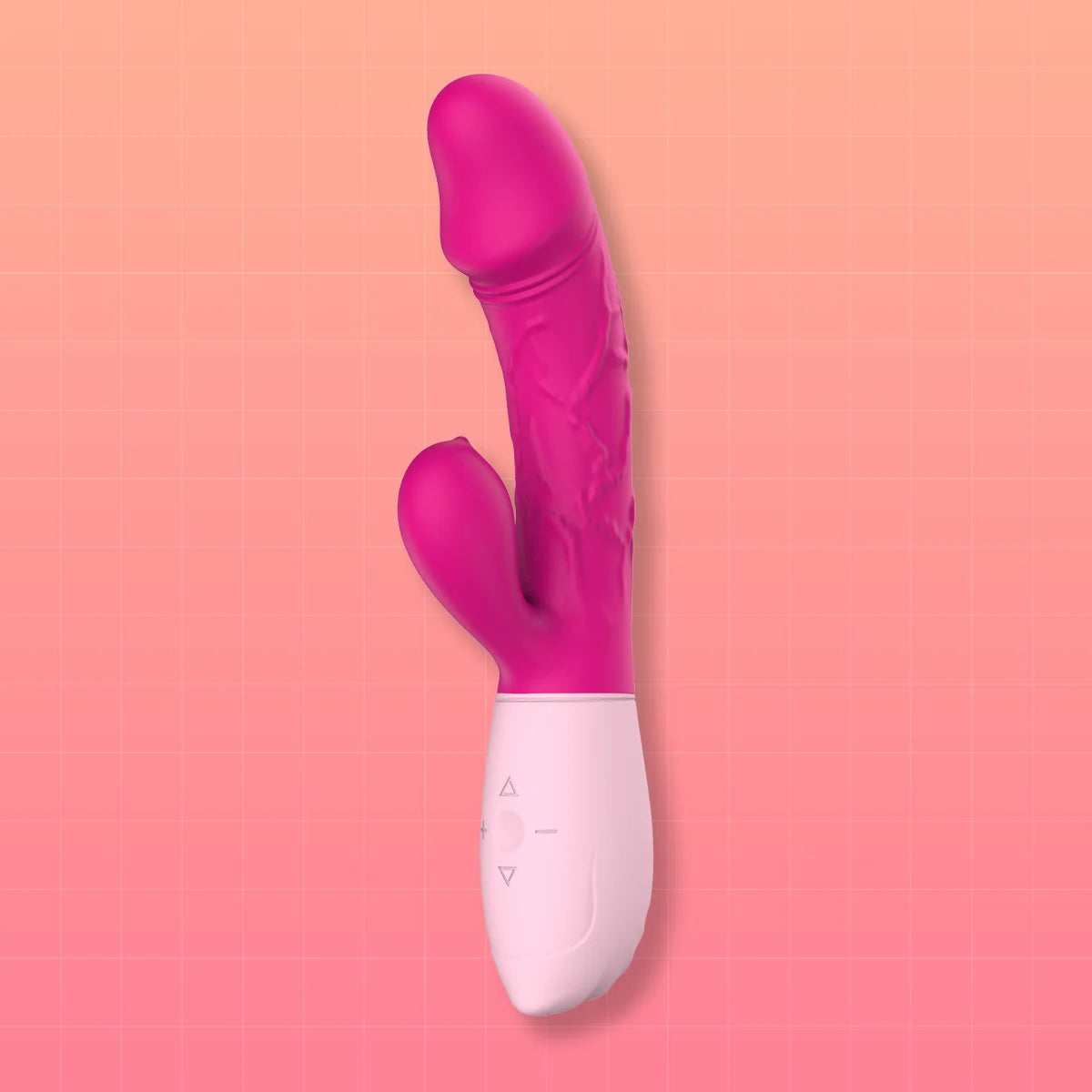 A pink and white dual-stimulation personal massager with a textured, ribbed shaft and a smooth base, shown against a pink gradient background with a subtle grid pattern.