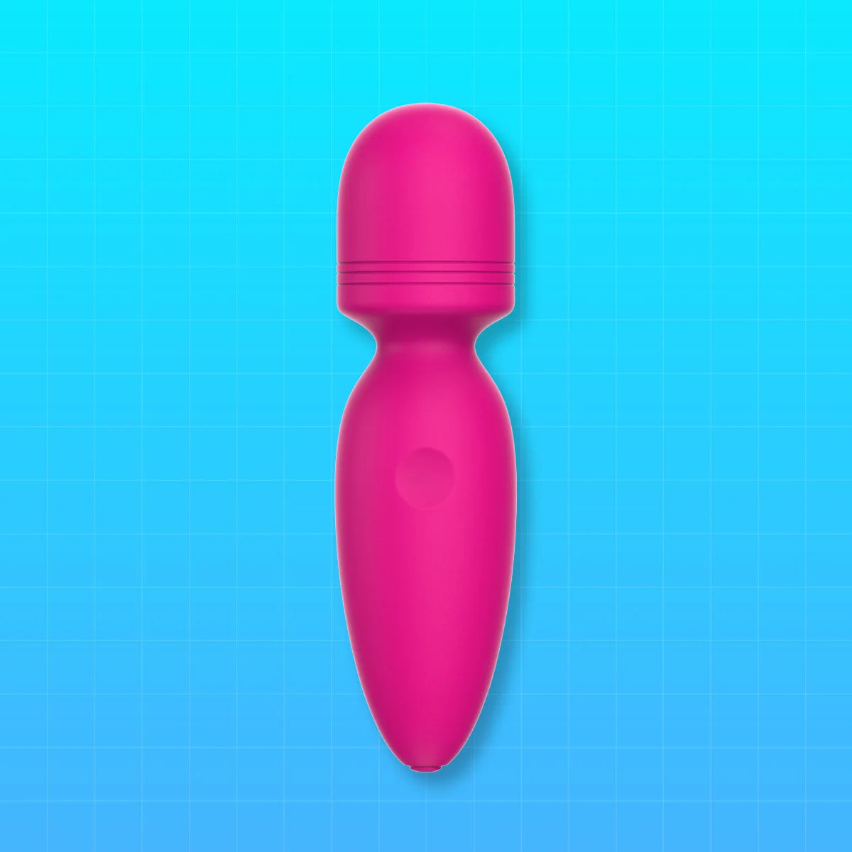 A bright pink personal massager with a smooth, rounded head and a tapered handle, centered on a bright blue grid background.