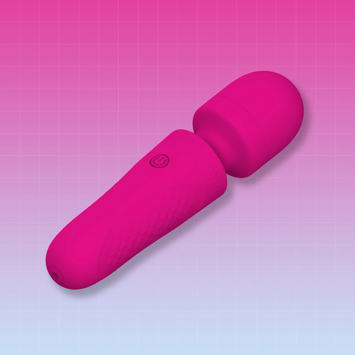 A bright pink personal massager with a textured handle and rounded head, shown floating against a pink-to-purple gradient background with a subtle grid pattern.