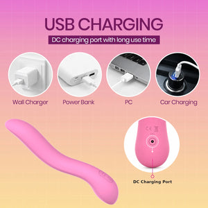 Pink curved USB charging device shown on a pink-to-yellow gradient background with text and circular usage examples for wall charger, power bank, PC, and car charging.