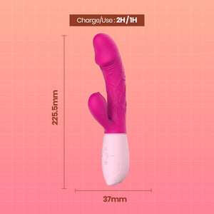 A pink and white dual-stimulation personal massager shown on a peach gradient background with dimension lines indicating 225.5mm height and 37mm width, plus a label reading 'Charge/Use : 2H/1H'.