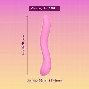 Pink wavy personal massager shown on a pink-to-yellow gradient background with dimension labels indicating a length of 210mm and diameter of 38mm/33.6mm, plus a text label reading Charge/Use: 2.