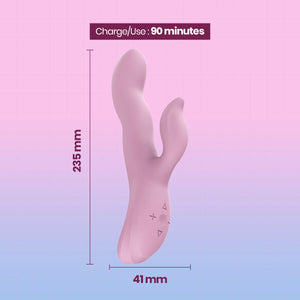 A pink curved personal massager shown with dimension lines and text reading 235 mm height, 41 mm width, and charge/use time 90 minutes on a pink-to-blue gradient background.