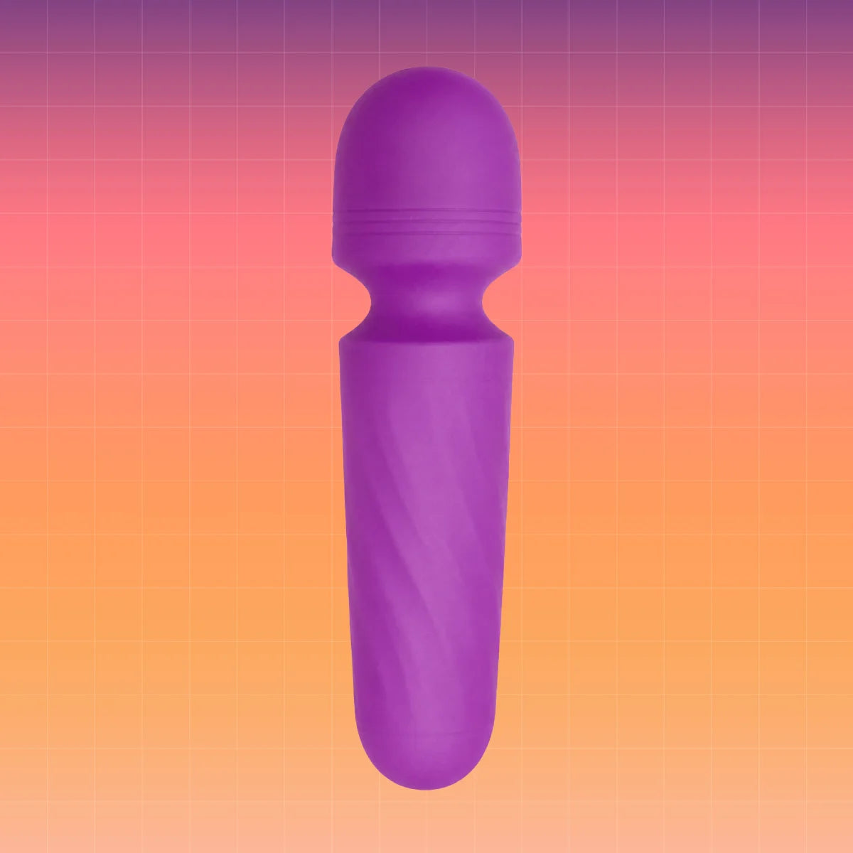 A purple silicone personal massager with a ribbed head and a textured handle, shown against a pink, orange, and yellow gradient background with a grid pattern.
