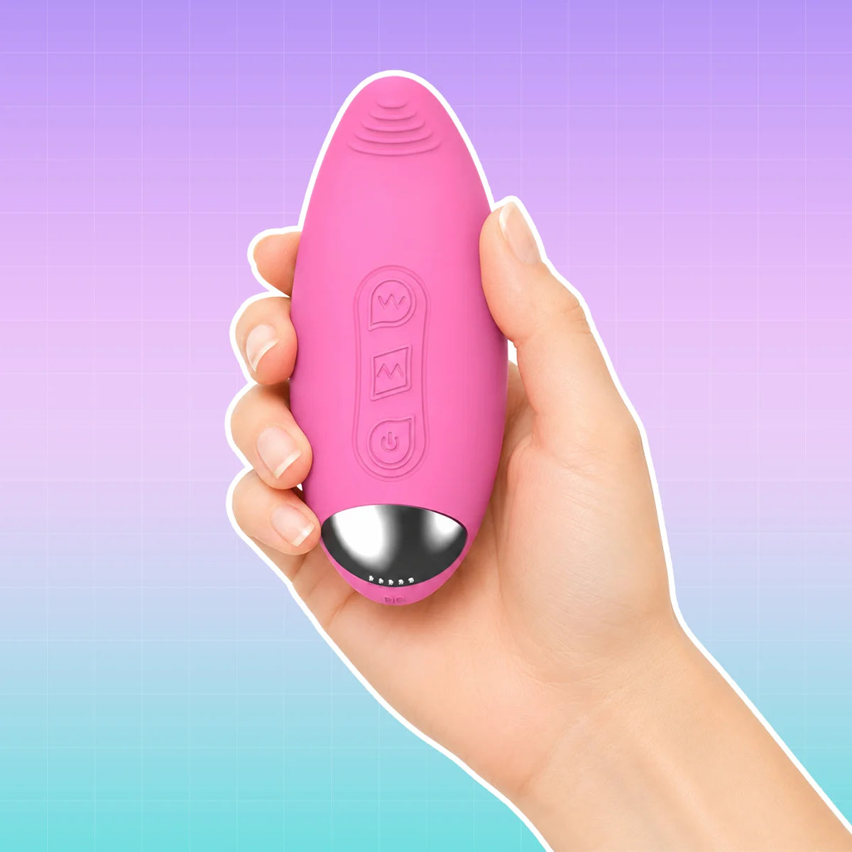 A hand holding a pink personal massager with a metallic silver base, set against a purple and blue gradient background.