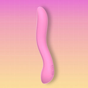 A pink curved personal massager with a smooth, ergonomic design, shown against a pink-to-yellow gradient background with a subtle grid pattern.