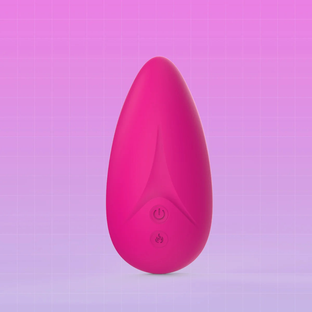 A pink teardrop-shaped personal massager with a matte finish and two control buttons on the front, set against a pink gradient background with a subtle grid pattern.