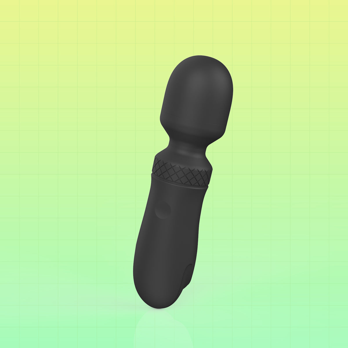 A matte black personal massager with a rounded head and textured grip, shown on a green gradient background with a faint grid pattern.
