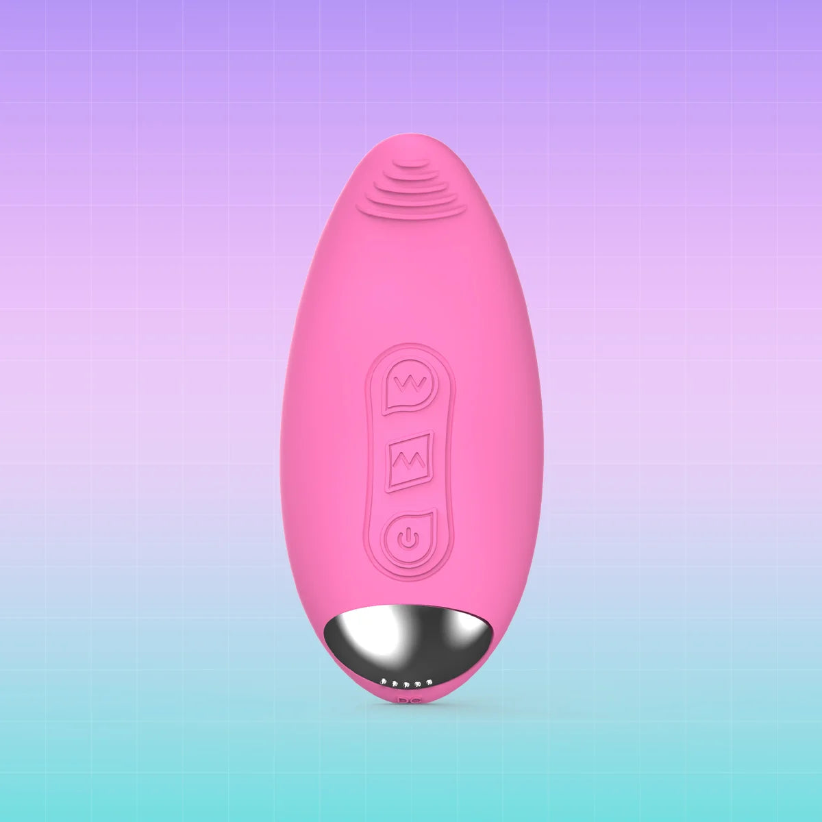 A pink personal massager with a metallic silver base, shown against a purple-to-blue gradient background with a subtle grid pattern.