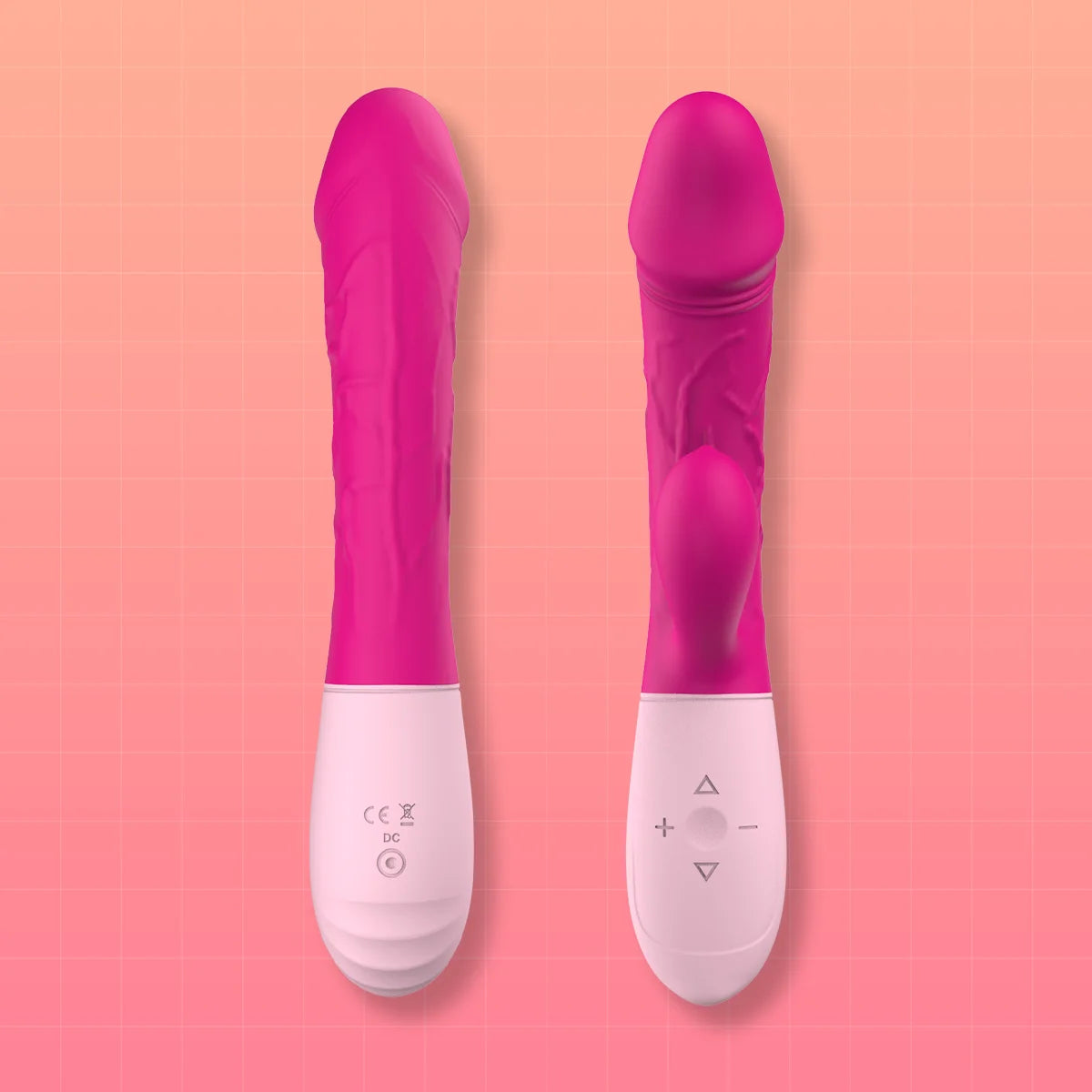 Two pink and white personal massagers shown upright against a peach-pink grid background.