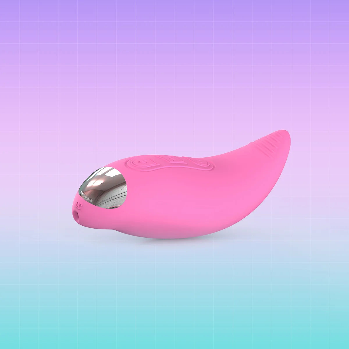 A pink curved personal massager with a metallic silver inner chamber, shown on a purple-to-blue gradient background.