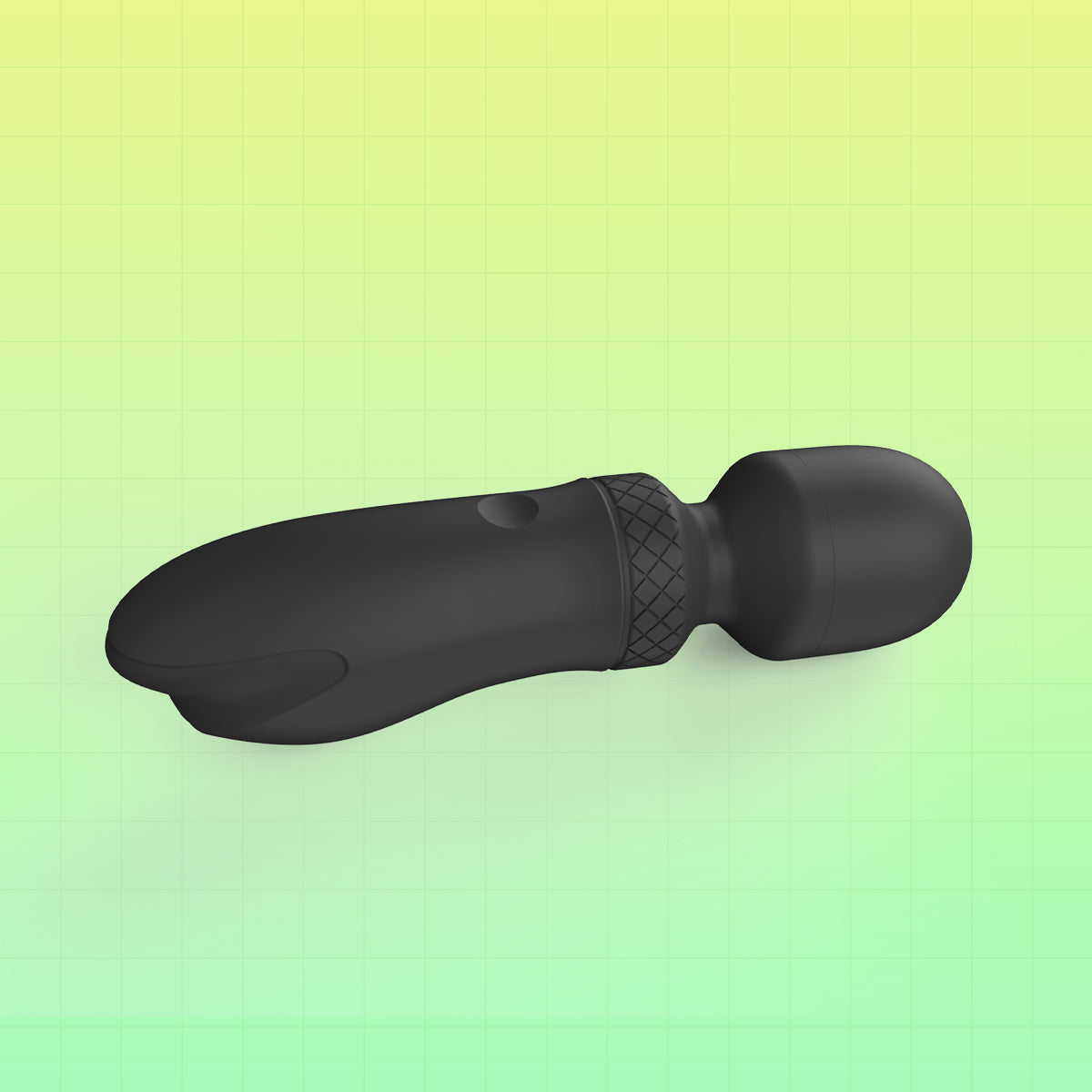 Black personal massager with a textured grip band, shown on a green and yellow gradient background with a grid pattern.