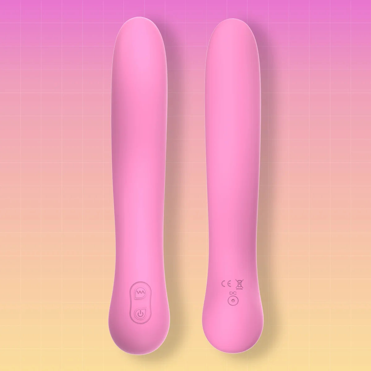 Two pink handheld wand-style massagers shown upright against a soft pink-to-yellow gradient background with a faint grid pattern.