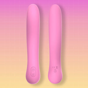 Two pink handheld wand-style massagers shown upright against a soft pink-to-yellow gradient background with a faint grid pattern.