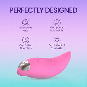 Pink personal massager shown on a pastel gradient background with text reading 'PERFECTLY DESIGNED' and feature icons for ergonomic grip, compact and lightweight, one button operation, and comfortable easy to use.