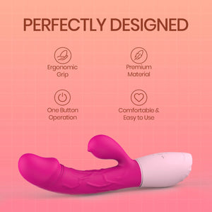 A pink and white curved personal massager shown on a peach-pink background with marketing text reading 'PERFECTLY DESIGNED' and feature icons for ergonomic grip, premium material, one-button operation, and comfortable easy-to-use design.