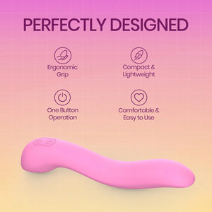 A pink wavy personal massager shown on a pink-to-yellow gradient background with marketing text reading 'PERFECTLY DESIGNED' and feature icons for ergonomic grip, compact and lightweight, one-button operation, and comfortable easy-to-use design.