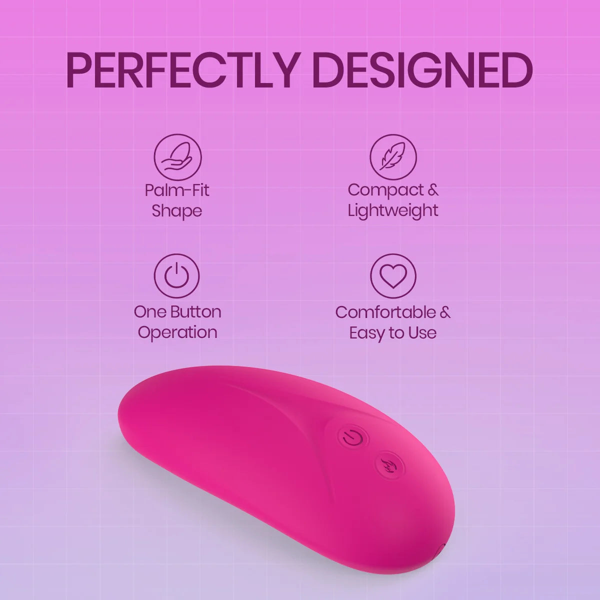 A bright pink personal massager shown on a pink gradient background with marketing text reading 'PERFECTLY DESIGNED' and feature icons for palm-fit shape, compact and lightweight design, one-button operation, and comfortable easy-to-use experience.