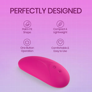 A bright pink personal massager shown on a pink gradient background with marketing text reading 'PERFECTLY DESIGNED' and feature icons for palm-fit shape, compact and lightweight design, one-button operation, and comfortable easy-to-use experience.