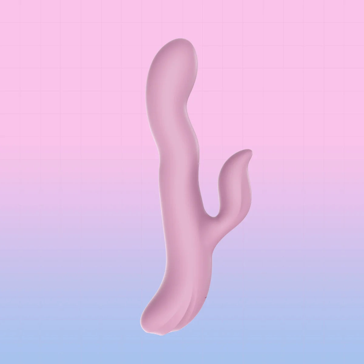 A pink silicone personal massager with a wavy, organic shape and a smaller curved arm, shown against a pastel pink-to-blue gradient background.