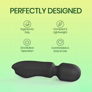 A black personal massager shown on a light green gradient background with marketing text reading 'PERFECTLY DESIGNED' and feature callouts for ergonomic grip, compact and lightweight, one-button operation, and comfortable easy-to-use design.