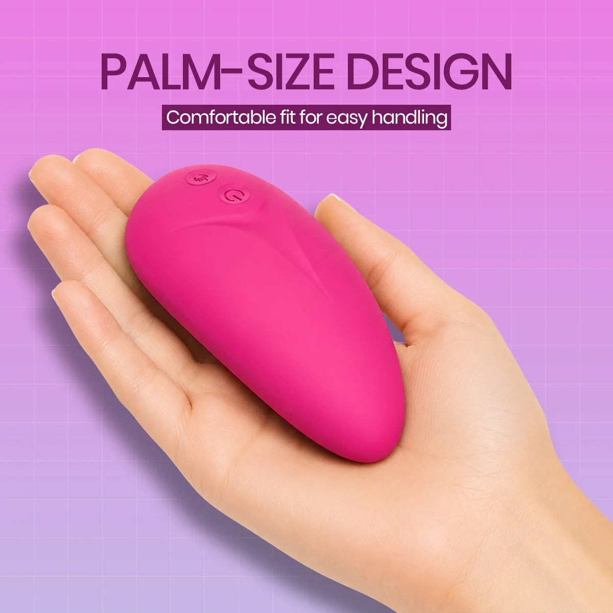 A bright pink palm-sized personal massager held in a hand against a purple gradient background with the text 'PALM-SIZE DESIGN' and 'Comfortable fit for easy handling'.