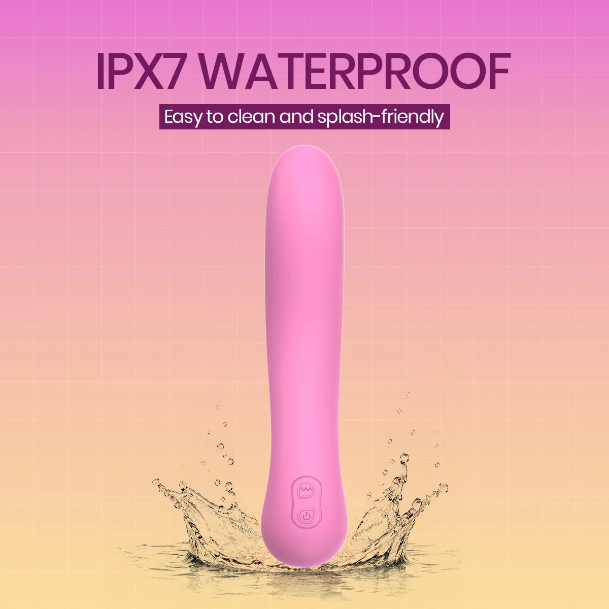 Pink waterproof personal massager standing upright in a splash of water against a pink-to-yellow gradient background with text reading 'IPX7 WATERPROOF' and 'Easy to clean and splash-friendly'.
