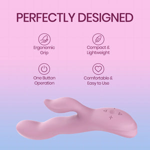 A pink curved personal massager shown on a pastel pink-to-blue gradient background with marketing text reading 'PERFECTLY DESIGNED' and feature icons for ergonomic grip, compact and lightweight, one-button operation, and comfortable easy-to-use design.