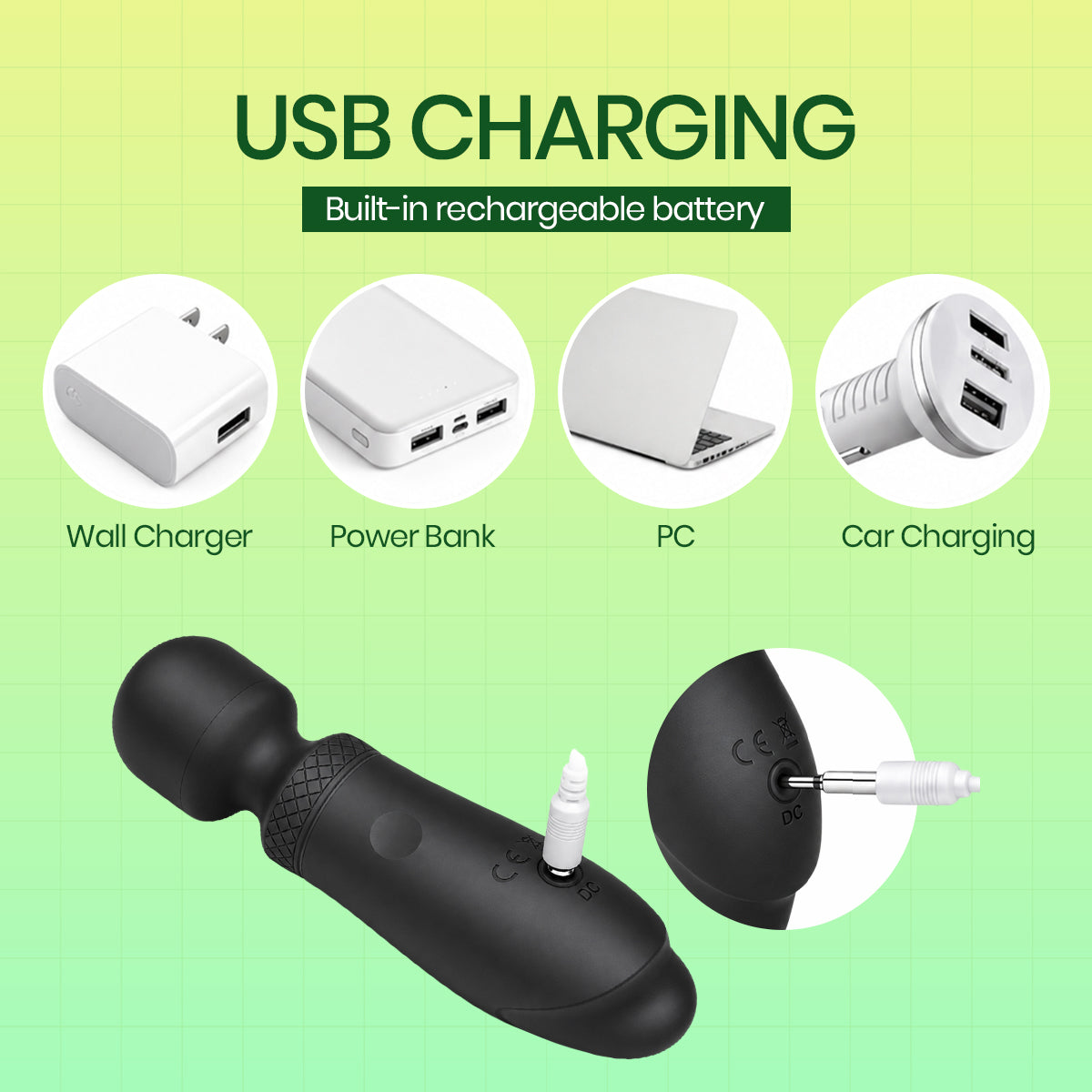 Black handheld USB charging device with built-in rechargeable battery, shown with a wall charger, power bank, laptop, and car charger on a light green gradient background with text labels.