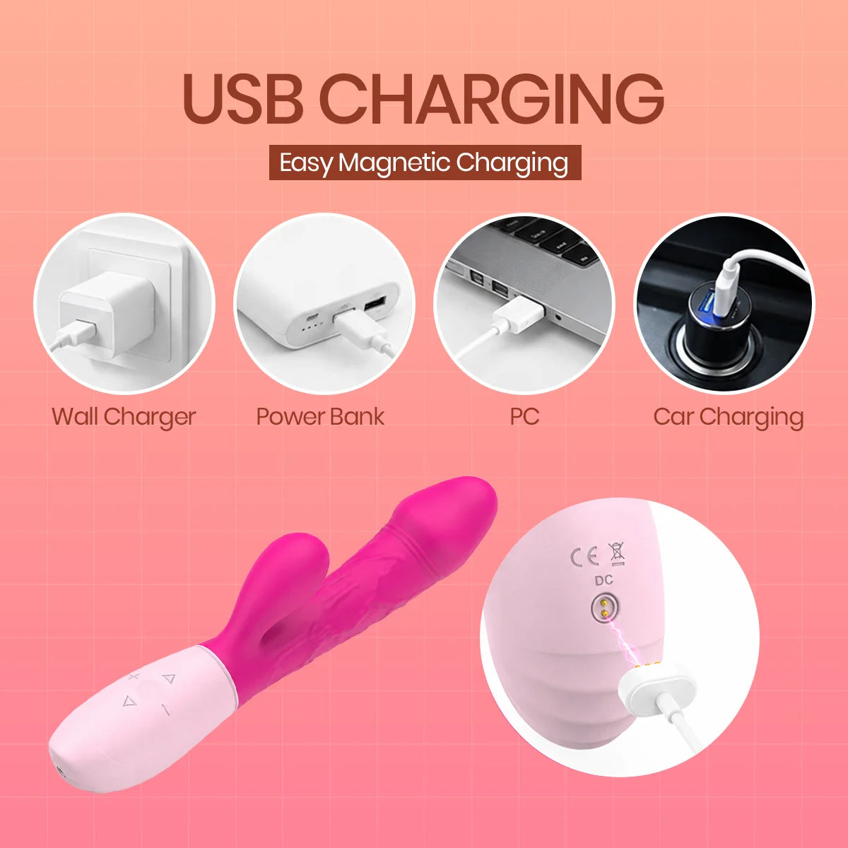 Pink and white USB magnetic charging personal massager shown on a pink promotional graphic with icons for wall charger, power bank, PC, and car charging.