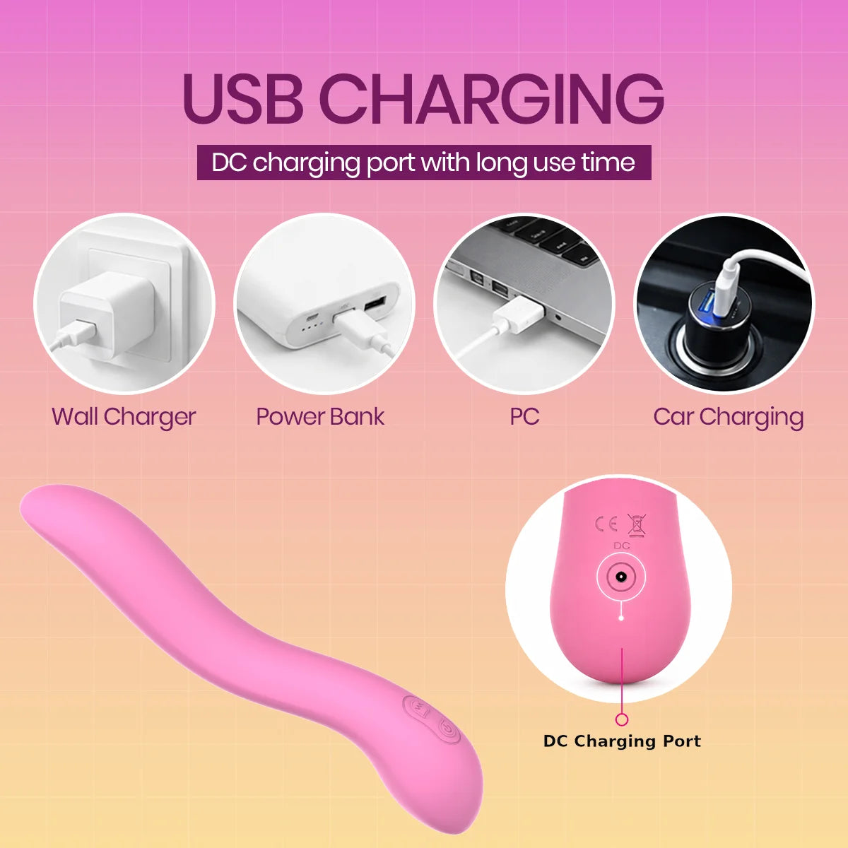 Pink curved USB charging device shown on a pink-to-yellow gradient background with text and circular usage examples for wall charger, power bank, PC, and car charging.