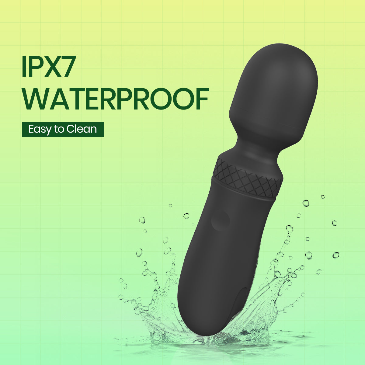 A dark gray waterproof personal massager floating above a splash of water on a light green gradient background with 'IPX7 WATERPROOF' text.