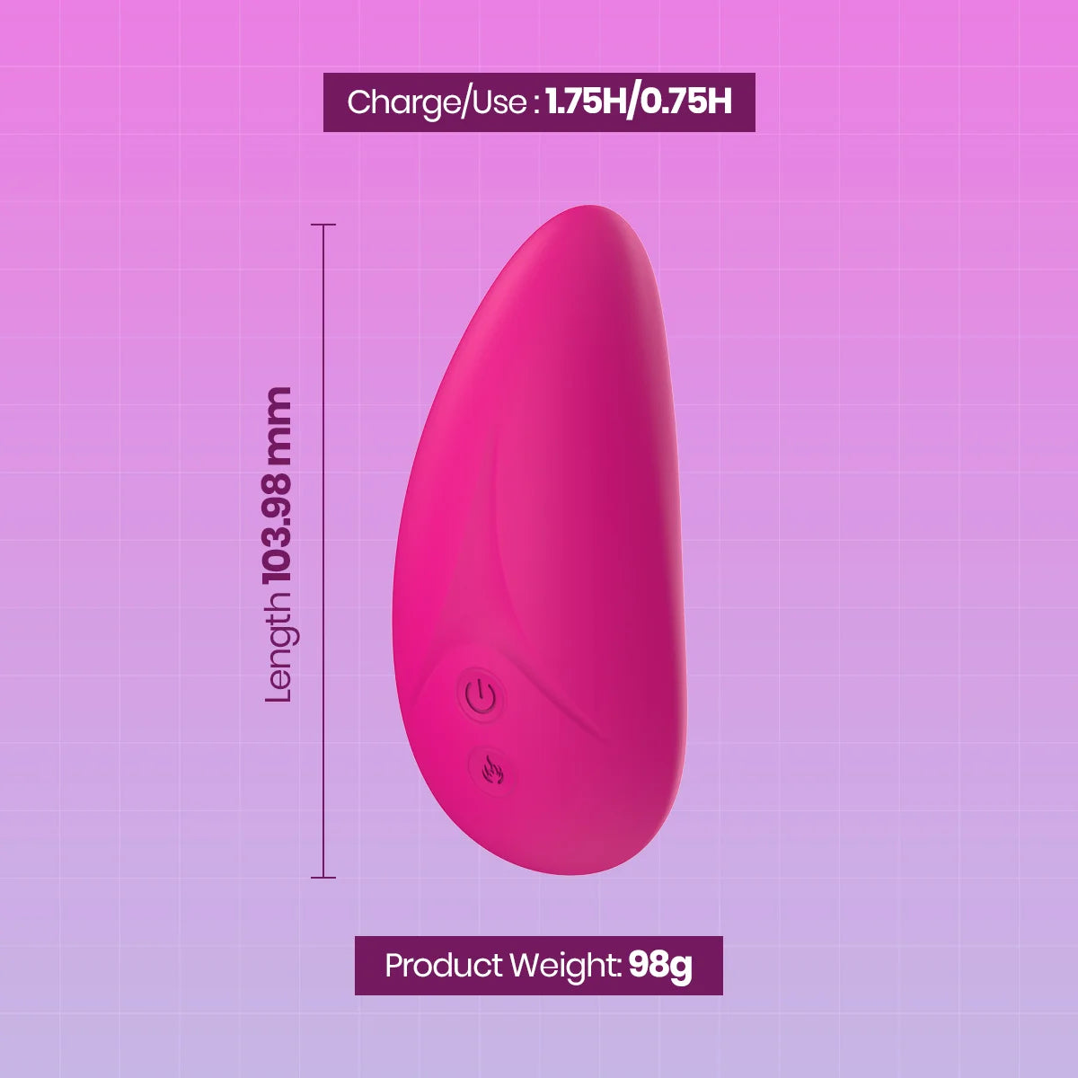A pink teardrop-shaped personal massager shown on a purple grid background with text overlays indicating its dimensions (length 103.98 mm), battery life (1.