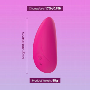 A pink teardrop-shaped personal massager shown on a purple grid background with text overlays indicating its dimensions (length 103.98 mm), battery life (1.