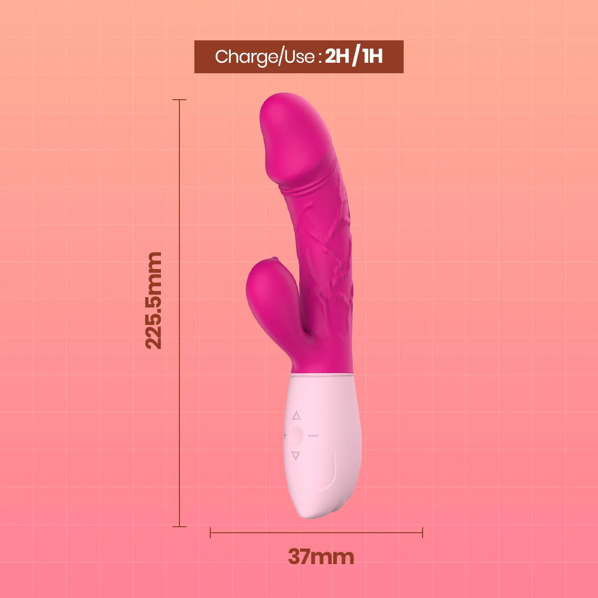 A pink and white dual-stimulation personal massager shown on a peach gradient background with dimension lines indicating 225.5mm height and 37mm width, plus a label reading 'Charge/Use : 2H/1H'.