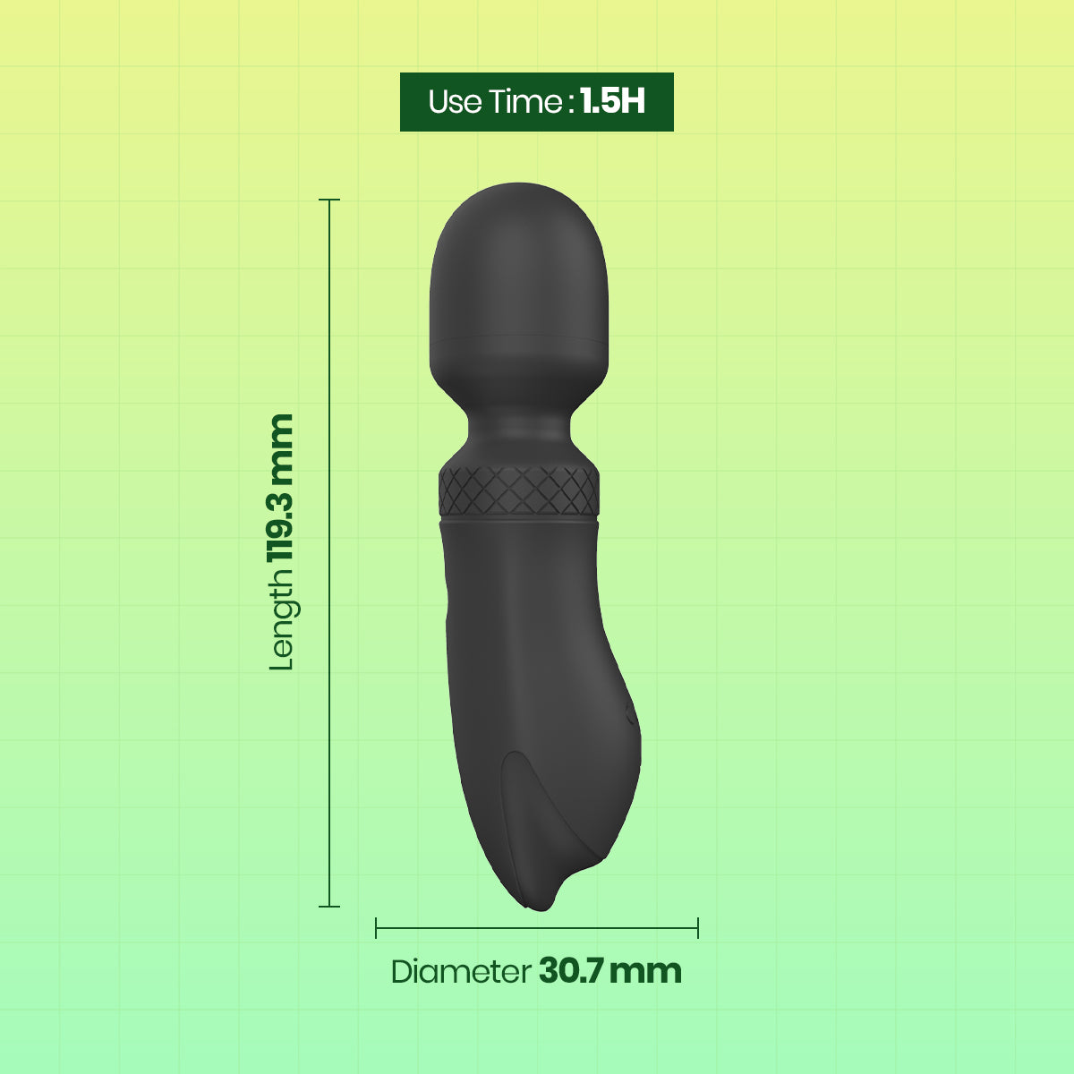 A dark gray personal massager shown with dimension lines and text indicating a length of 11.3 cm, diameter of 3.