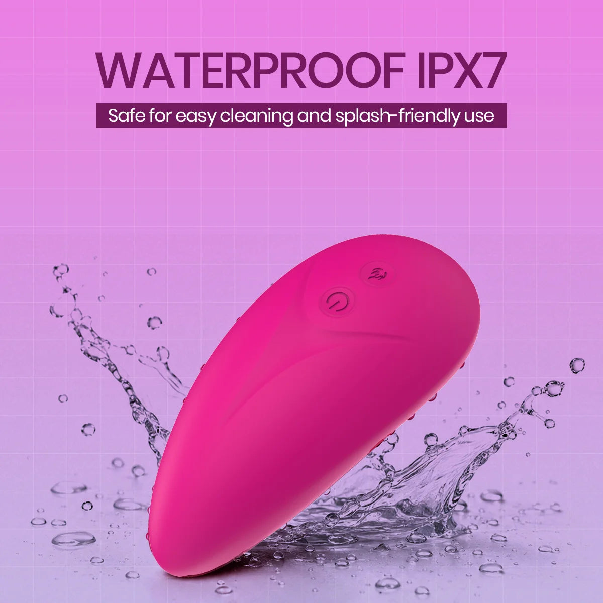 A pink waterproof IPX7 personal massager shown floating above a water splash on a purple gradient background with text reading 'WATERPROOF IPX7' and 'Safe for easy cleaning and splash-friendly use'.