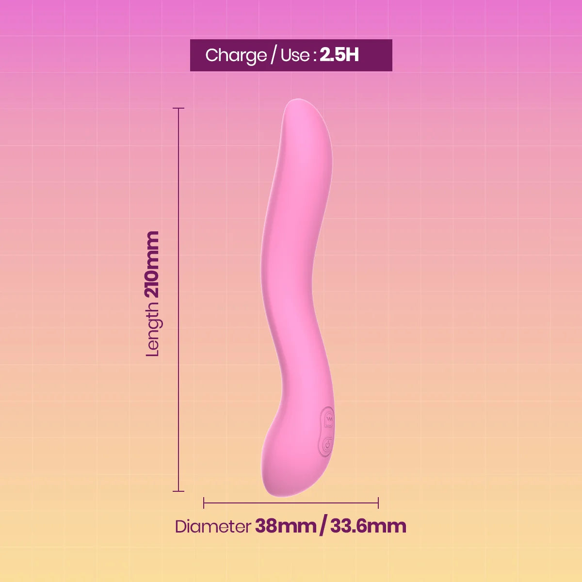 Pink wavy personal massager shown on a pink-to-yellow gradient background with dimension labels indicating a length of 210mm and diameter of 38mm/33.6mm, plus a text label reading Charge/Use: 2.