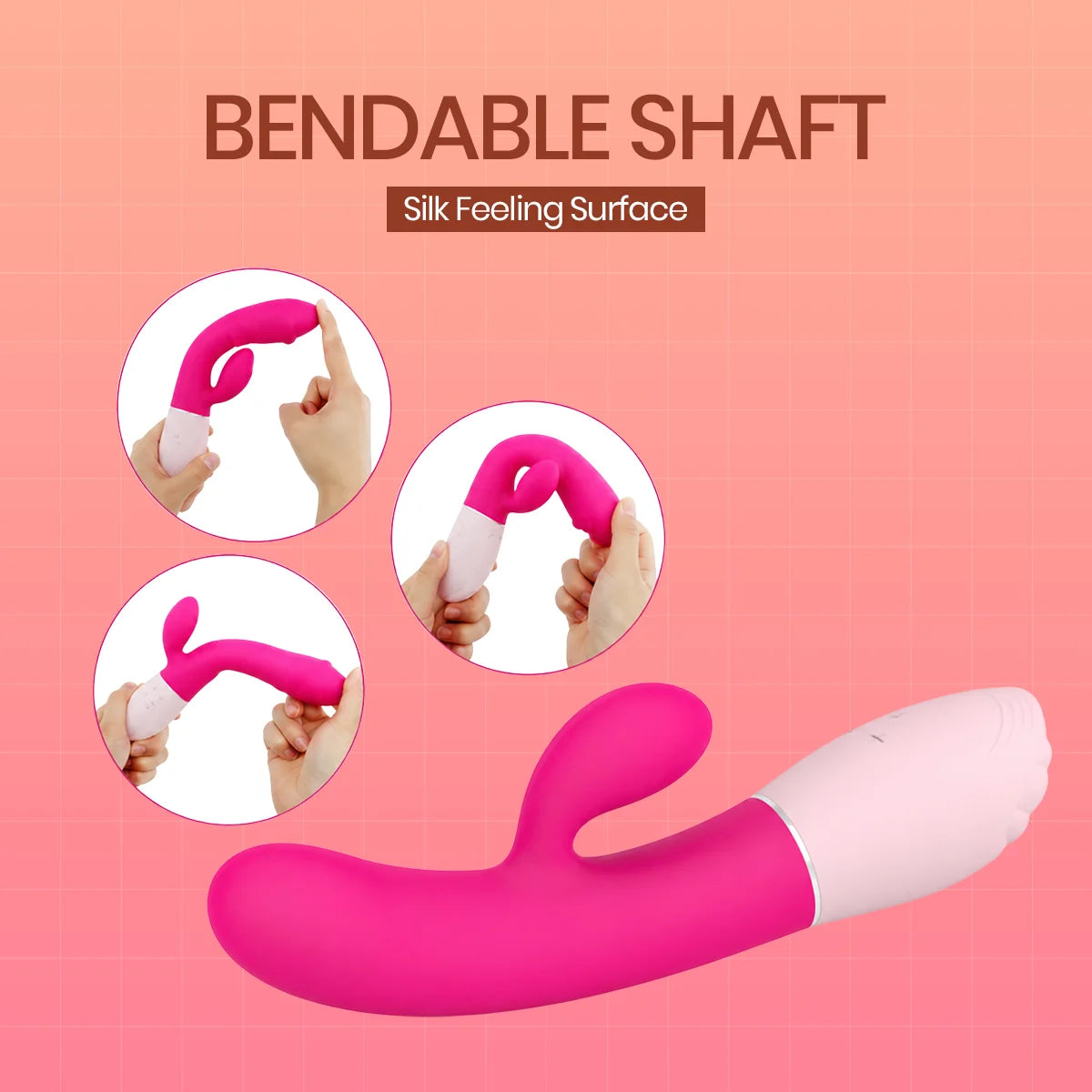 A pink and white bendable wand massager shown on a peach-pink background with the text 'BENDABLE SHAFT' and 'Silk Feeling Surface.' Three circular inset photos show hands holding and demonstrating the flexible shape of the product.